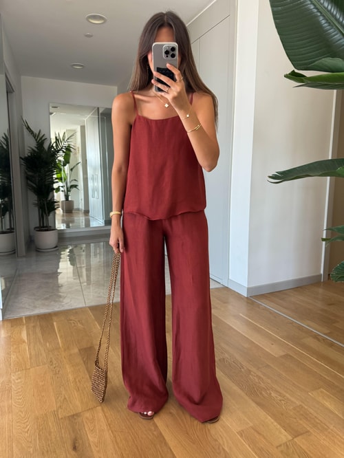 Keten Askılı Pantolon Bluz Takım-Kiremit
