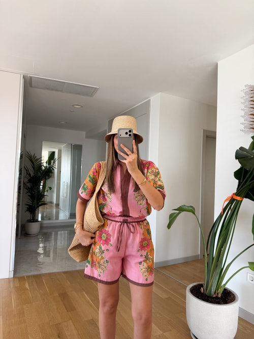 Keten Çiçek Baskılı Şort Takım - Pembe 