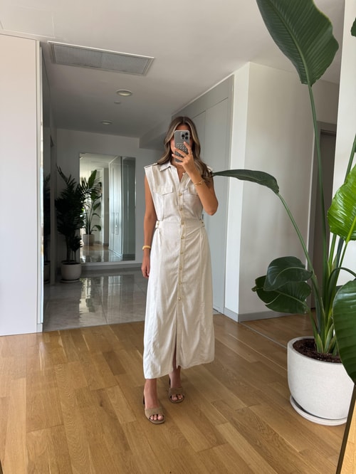 Keten Dokulu Gold Düğmeli Midi Elbise - Natural
