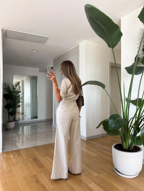 Keten Dokulu Kuşaklı Tulum - Taş