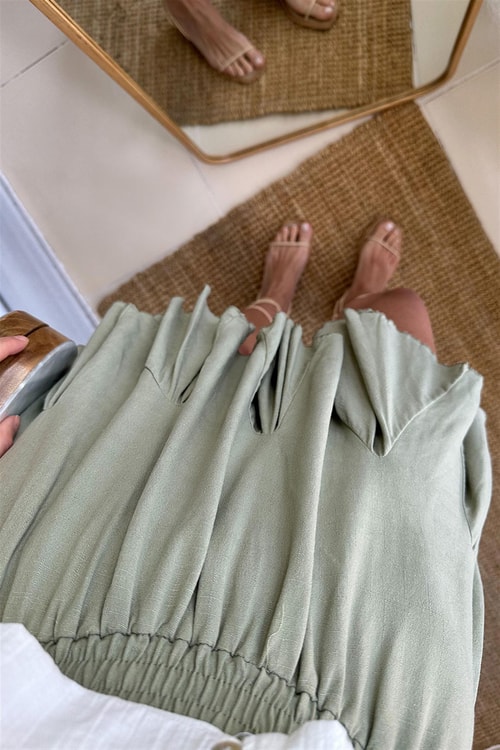 Keten Godeli Premium Etek-Pastel Yeşili