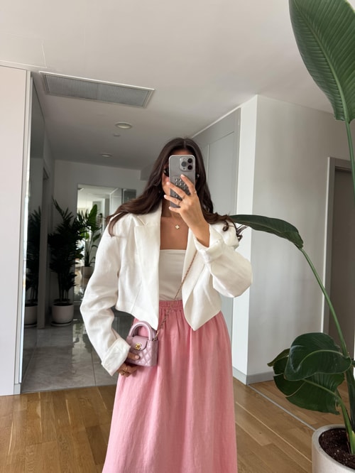 Keten Görünümlü Crop Ceket- Beyaz