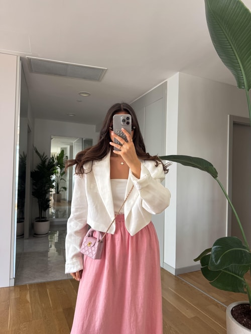 Keten Görünümlü Crop Ceket- Beyaz