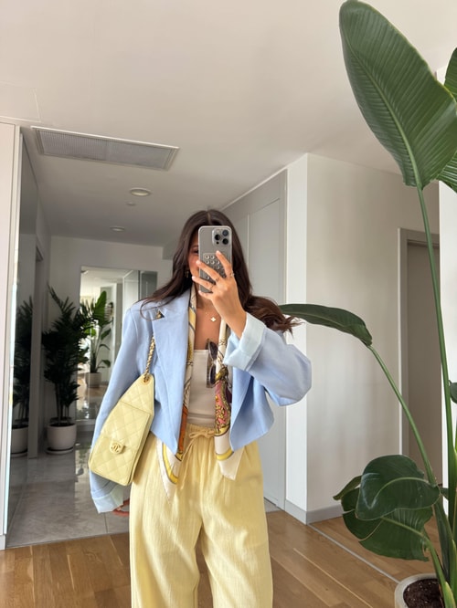 Keten Görünümlü Crop Ceket- Mavi