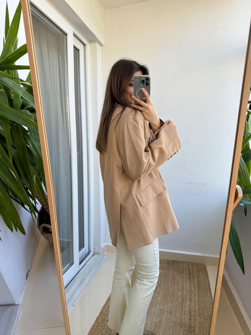 Keten Görünümlü Oversize Blazer Ceket-Camel