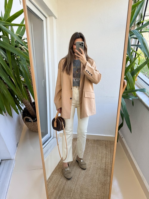 Keten Görünümlü Oversize Blazer Ceket-Camel