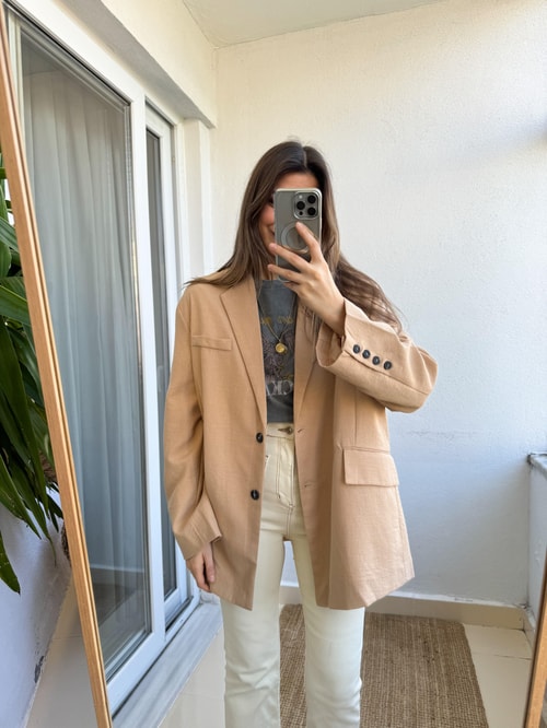 Keten Görünümlü Oversize Blazer Ceket-Camel