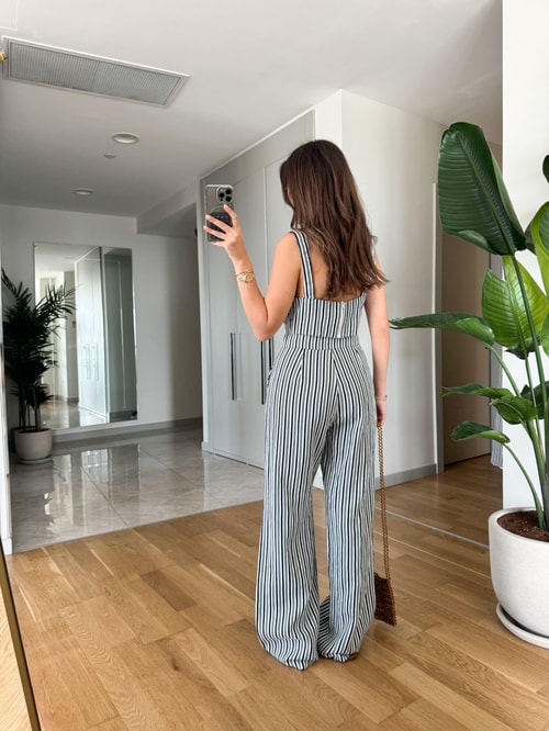 Keten Lacivert Çizgili Bluz Pantolon Takım