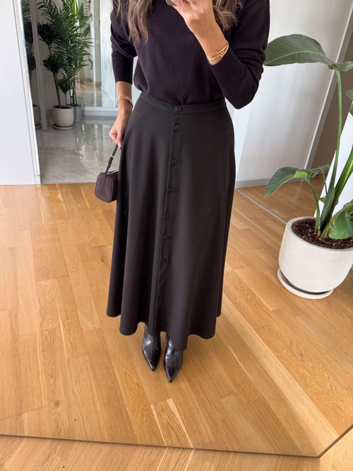 Kinza Önden Düğmeli Midi Etek - Acı Kahve