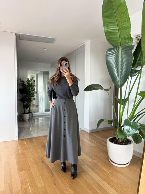 Kinza Önden Düğmeli Midi Etek - Antrasit