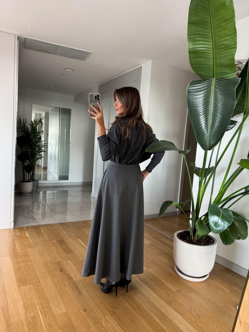 Kinza Önden Düğmeli Midi Etek - Antrasit