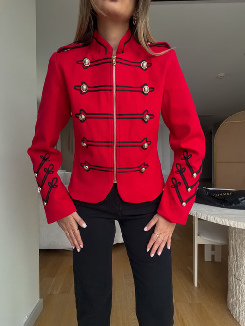 Kırmızı Fermuarlı Napolyon Ceket 