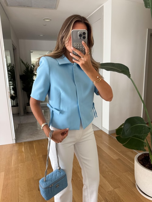 Kısa Kollu Fiyonk Detaylı Ceket-Mavi