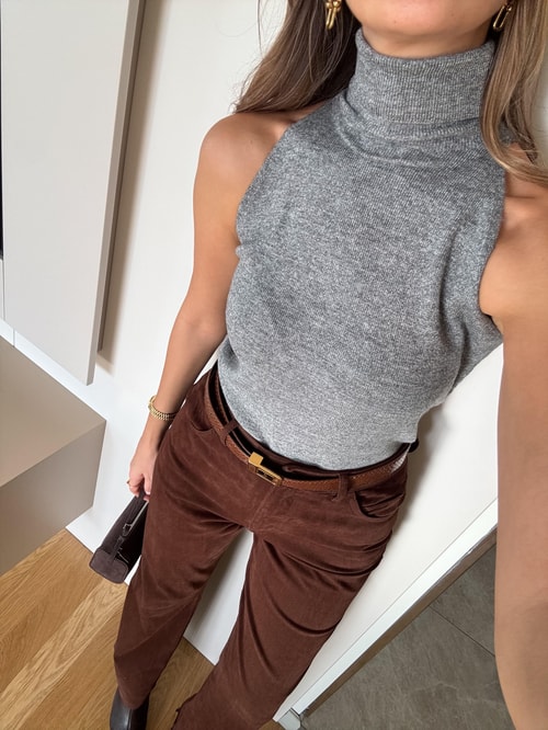 Kolsuz Boğazlı Triko Atlet - Gri