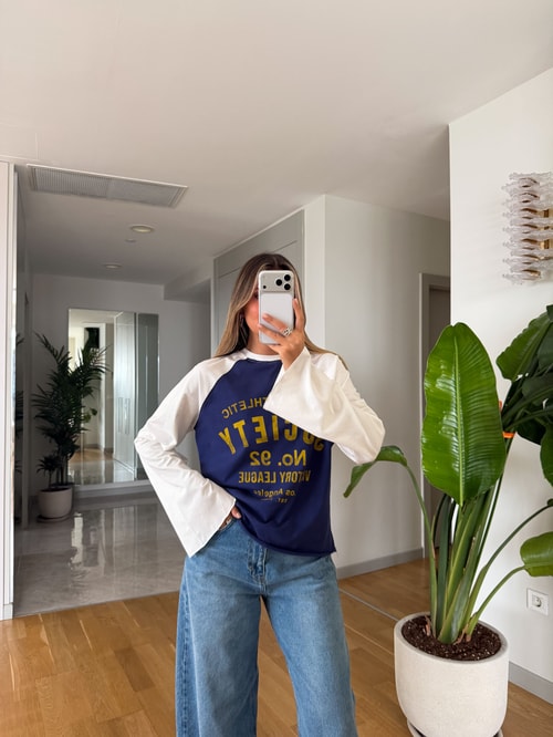 Kontrast Baskılı Basic Sweat - Beyaz
