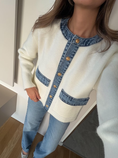 Kot Garnili Triko Hırka - Ekru