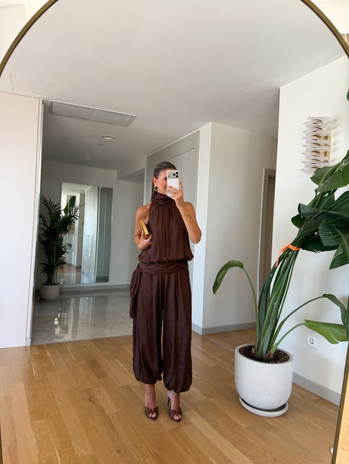 Kourtney Saten Şalvar Takım - Kahve