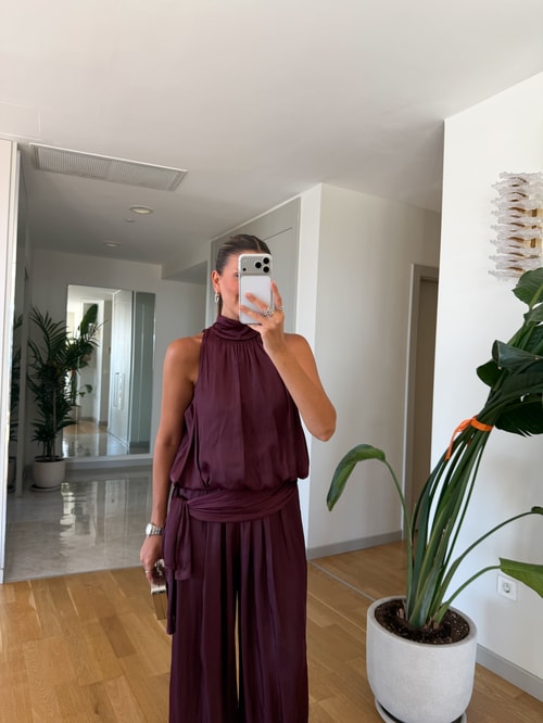 Kourtney Saten Şalvar Takım - Mürdüm 