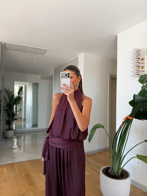 Kourtney Saten Şalvar Takım - Mürdüm 