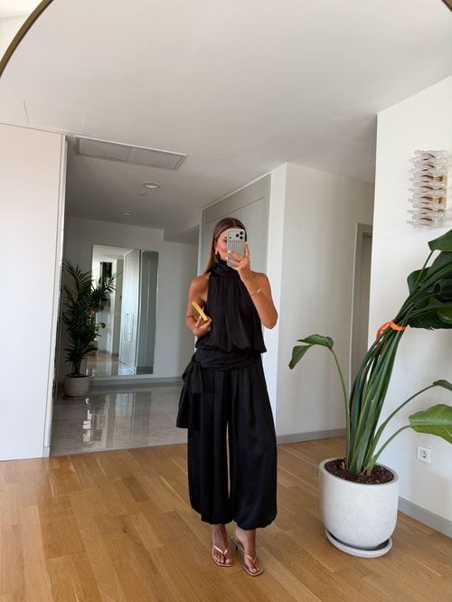 Kourtney Saten Şalvar Takım - Siyah