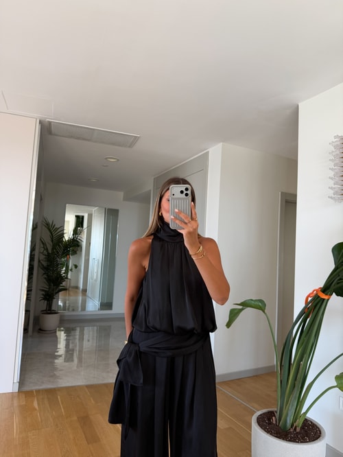 Kourtney Saten Şalvar Takım - Siyah