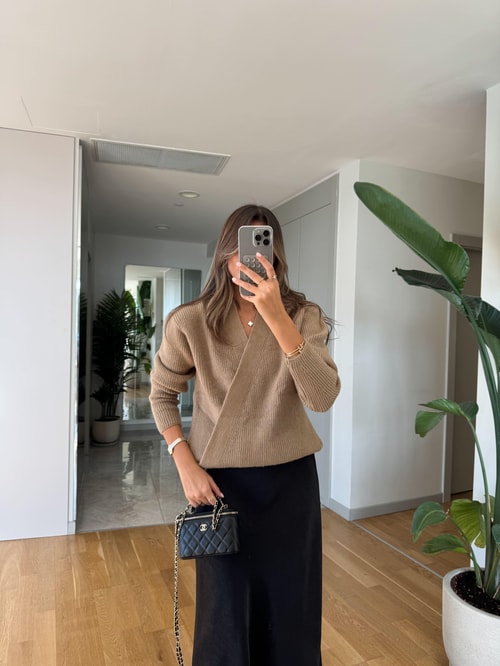 Kruvaze Bağlamalı Triko Hırka - Bej