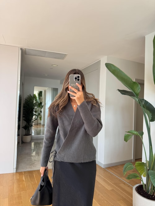 Kruvaze Bağlamalı Triko Hırka - Gri 