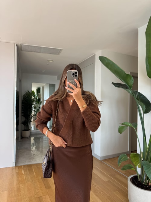 Kruvaze Bağlamalı Triko Hırka - Kahve