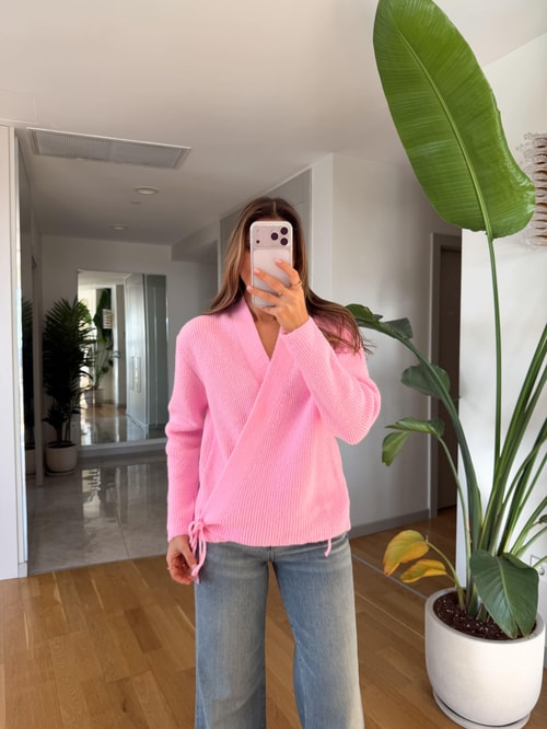 Kruvaze Bağlamalı Triko Hırka - Pembe