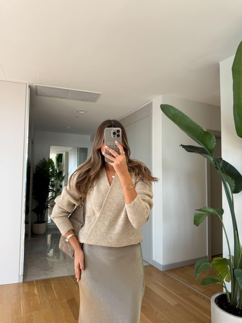 Kruvaze Bağlamalı Triko Hırka - Taş