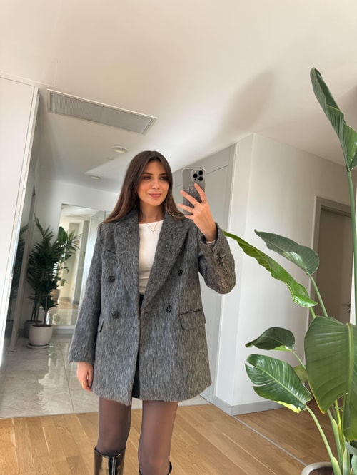 Kruvaze Düğmeli Tüylü Oversize Blazer Ceket-Antrasit