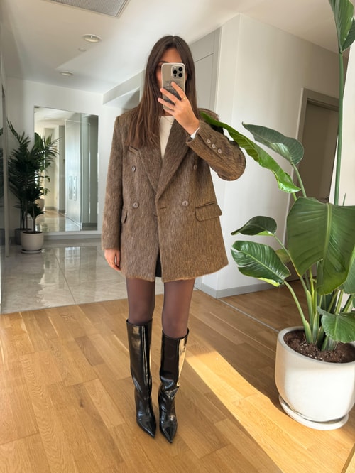 Kruvaze Düğmeli Tüylü Oversize Blazer Ceket-Vizon