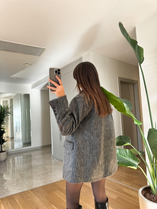 Kruvaze Düğmeli Tüylü Oversize Blazer Ceket-Antrasit