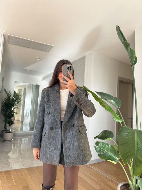 Kruvaze Düğmeli Tüylü Oversize Blazer Ceket-Antrasit