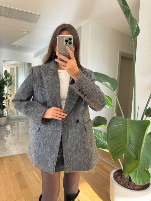Kruvaze Düğmeli Tüylü Oversize Blazer Ceket-Antrasit
