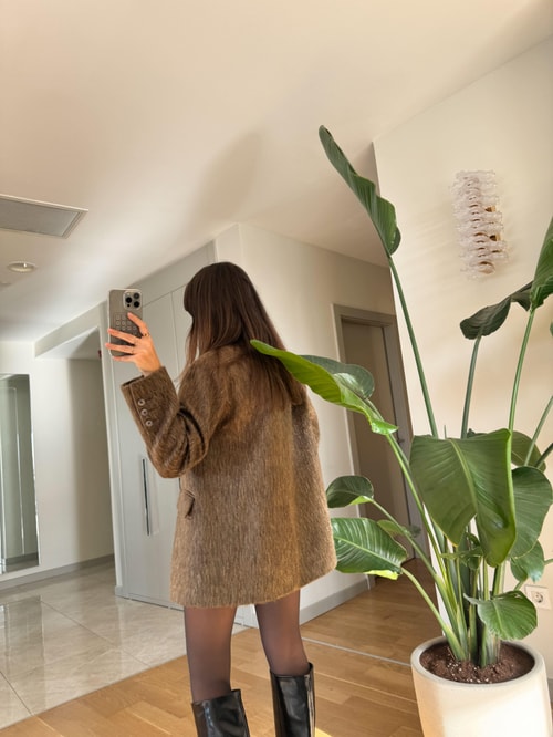 Kruvaze Düğmeli Tüylü Oversize Blazer Ceket-Vizon