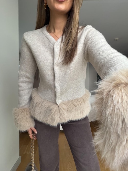 Kürk Detaylı Çıt Çıtlı Hırka - Bej