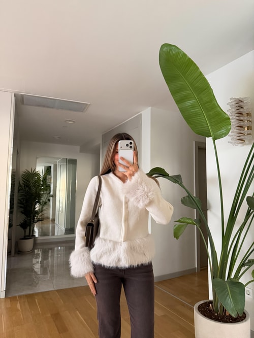 Kürk Detaylı Çıt Çıtlı Hırka - Ekru