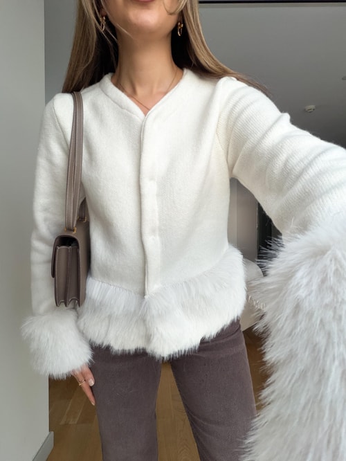 Kürk Detaylı Çıt Çıtlı Hırka - Ekru