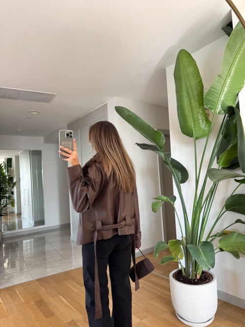 Kürk Yaka Kuşaklı Deri Ceket - Kahve