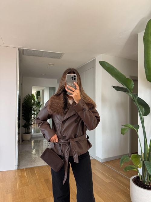 Kürk Yaka Kuşaklı Deri Ceket - Kahve