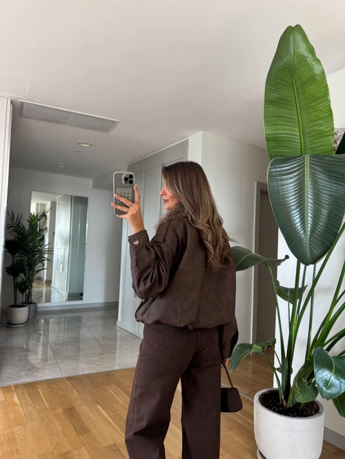 Kürk Yakalı Deri Ceket - Kahve