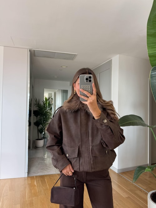 Kürk Yakalı Deri Ceket - Kahve
