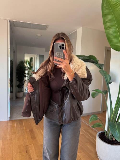 Kürk Yakalı Mont - Koyu Kahve