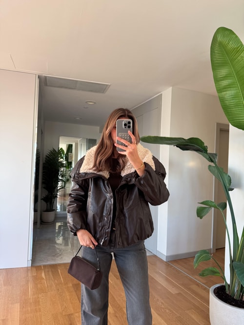 Kürk Yakalı Mont - Koyu Kahve