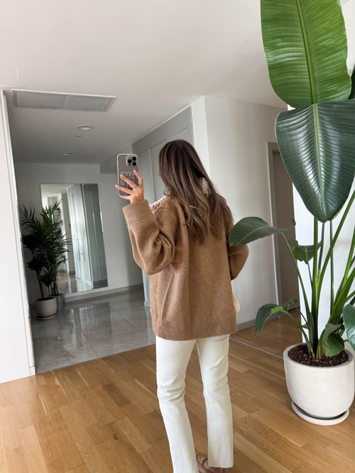 Kürk Yakalı Şardonlu Hırka - Camel  