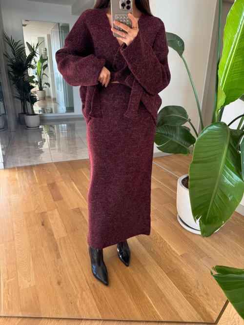 Kuşaklı Hırkalı Etekli Takım- Bordo