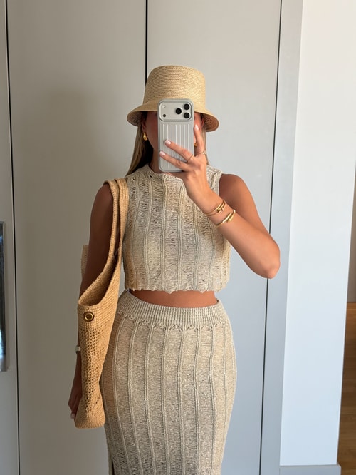Kyla Simli Crop Etek Takım - Bej