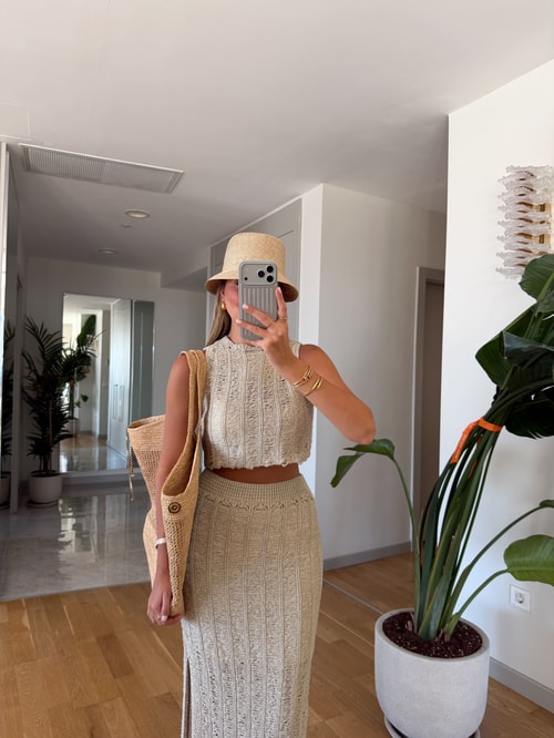 Kyla Simli Crop Etek Takım - Bej