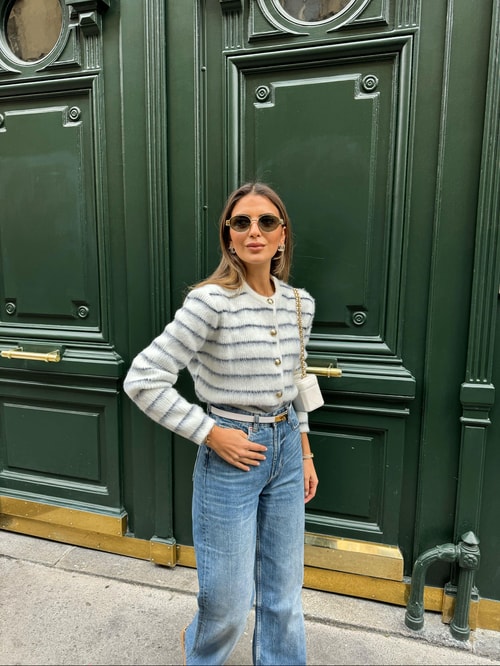 Lacivert Çizgili Gold Düğmeli Tüylü Hırka